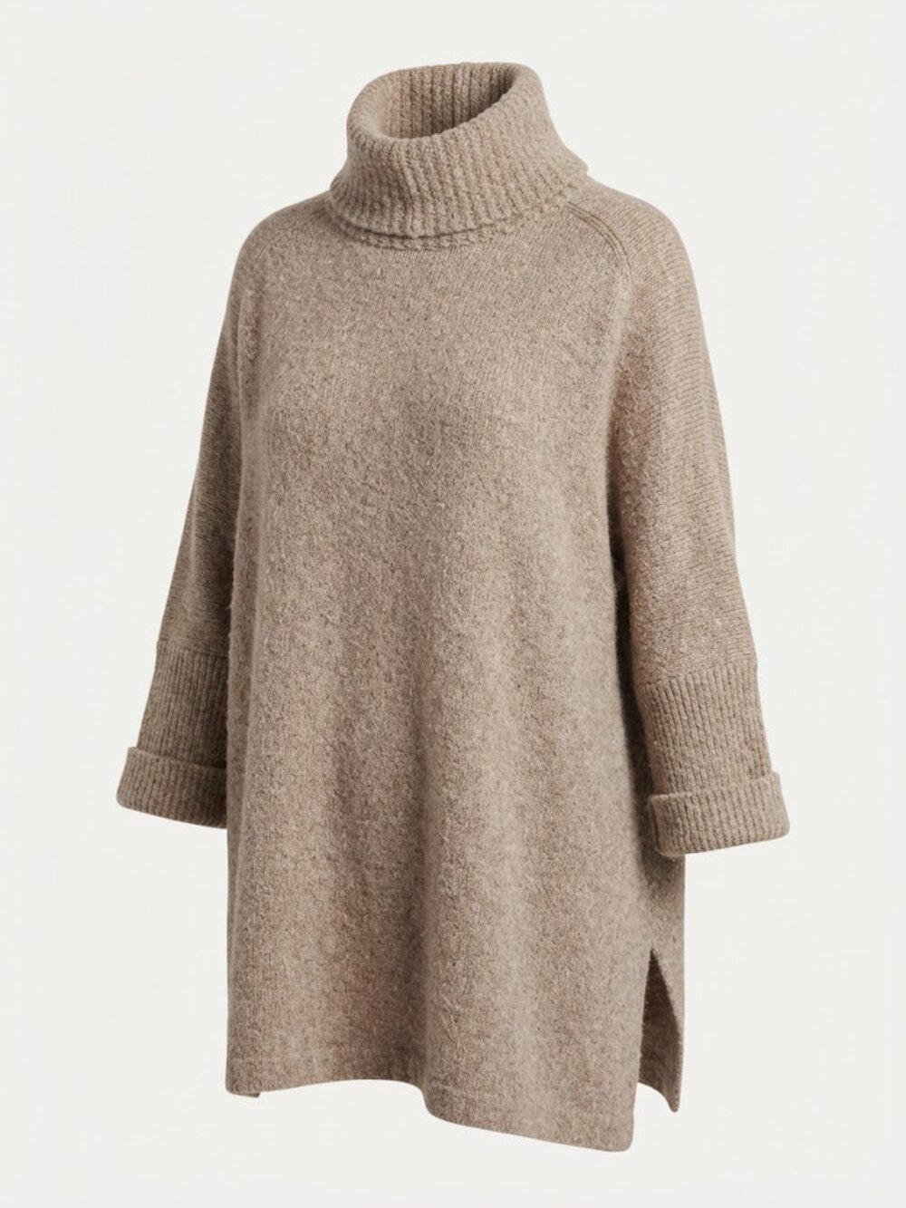 Olsen Wool Cozy Neutral Turtleneck Poncho Sweater Taupe M